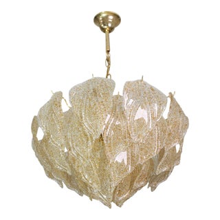 1980s Italian Amazing Large Murano Glass Gold Leaves Chandelier For Sale