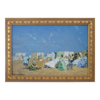 Vintage Decorative Painting Fashionable Ladies at Scheveningen Beach After Dutch Painter Kaemmerer Framed For Sale