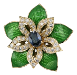Late 20th Century 18k (750) Yellow Gold Green Enamel Sapphire Diamond Pin / Brooch