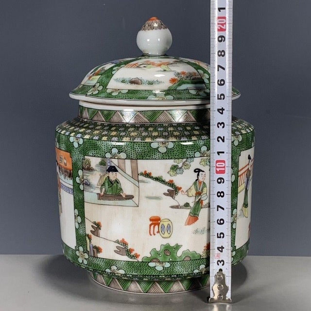 Vintage Chinese Green Ground Famille Rose "Figural" Covered Jar With Old Museum Label For Sale - Image 4 of 9