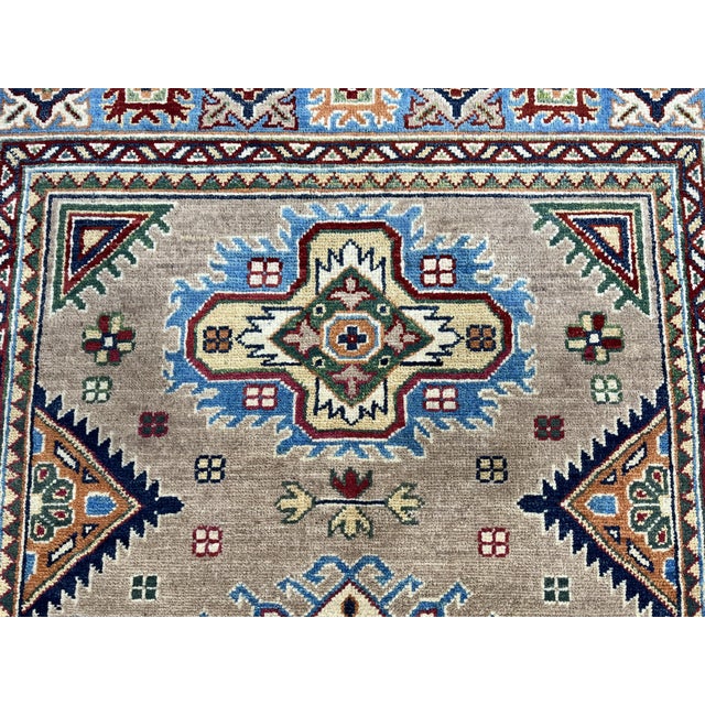 Beige Beige Persian Style Kazak Wool Rug With Blue Border, 4'2" X 5'10" For Sale - Image 8 of 14