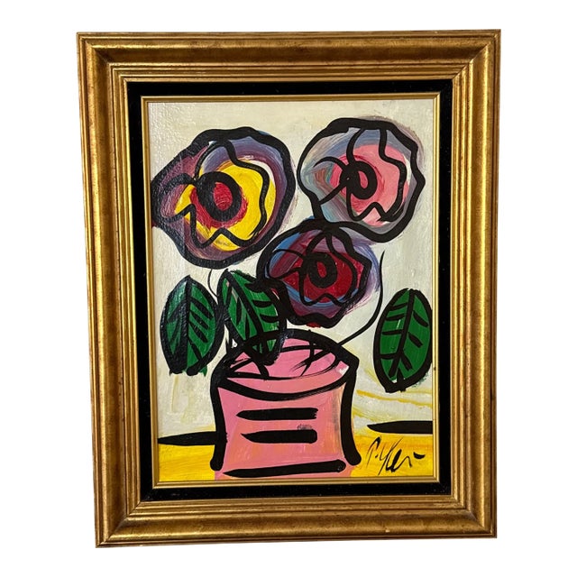 1970s Peter Keil Flowers Abstract Painting ~ Framed For Sale