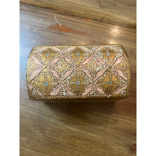 RARE colors vintage Italian Florentine gilt-wood domed trinket box featuring hand-painted floral and distressed pink-and-...