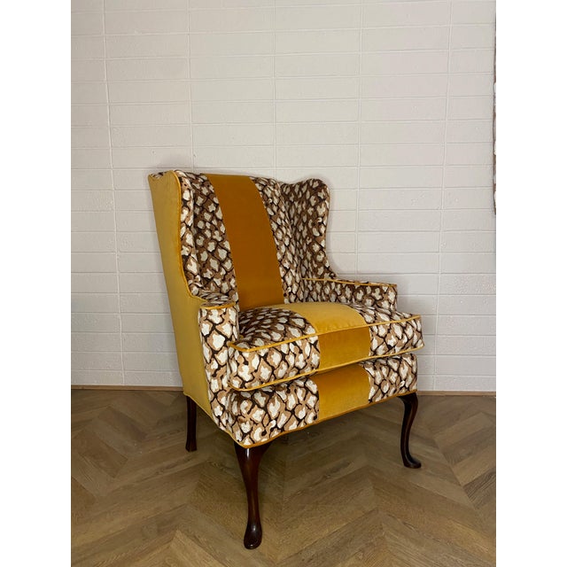 1980s 1980s Vintage Reupholstered Leopard Print Wingback Arm Chair With Yellow Stripe For Sale - Image 5 of 8