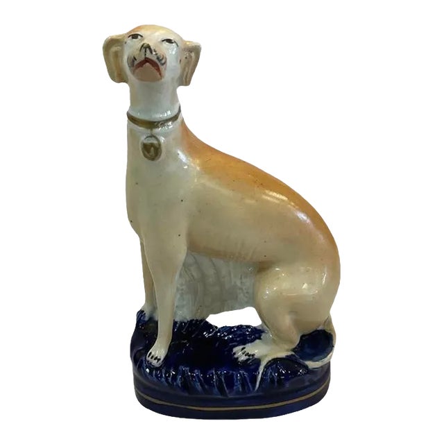 Late 19th Century Tan Staffordshire Whippet on Blue Base For Sale