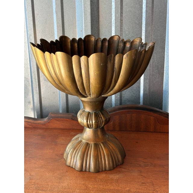 Large Vintage Scalloped Ribbed Brass Pedestal Compote Bowl For Sale - Image 4 of 11