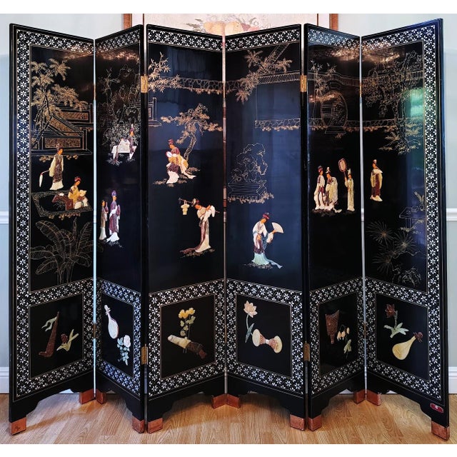 Mid 20th Century Chinese Export Six Panel Carved Soapstone Coromandel Screen For Sale - Image 11 of 18