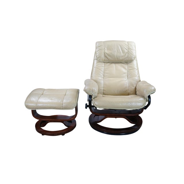Modern Vintage Stressless Leather Reclining Swivel Lounge Chairs & Ottoman Attributed to Ekornes For Sale - Image 3 of 14