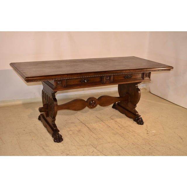 Rustic European Italian Walnut Trestle Library Table, Circa 1920 For Sale - Image 3 of 12