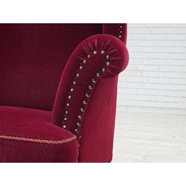 1960s Danish Highback Wingback Armchair in Cherry-Red Velour, 1960s For Sale - Image 5 of 18