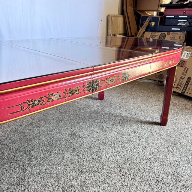 Chinese Red and Gold Lacquered Hand Painted Extendable Dining Table With Glass Top For Sale - Image 11 of 12