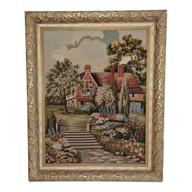 Antique Handmade Gobelin Large Victorian Needlepoint Cottage Scene Wall Art Wool Tapestry in Gilded Baroque Frame, 19th Century For Sale