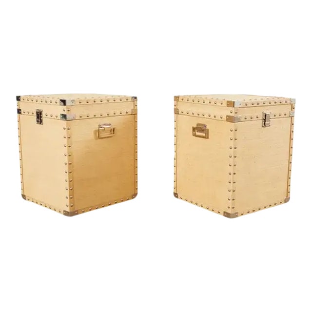 Pair of Raffia Grasscloth Campaign Style Hat Trunk Boxes For Sale