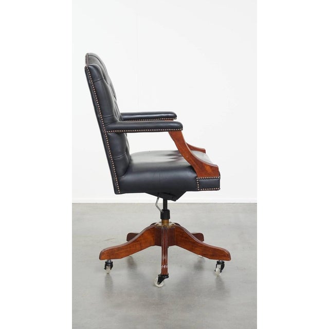 Dark Blue Cowhide Chesterfield Swivel Desk Chair For Sale - Image 3 of 18