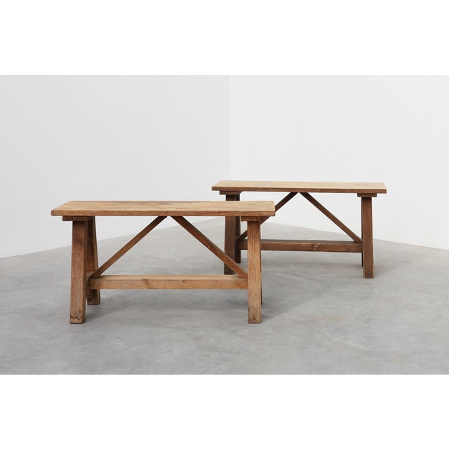 French Rustic Oak Trestle Bench, 1890s For Sale - Image 12 of 13