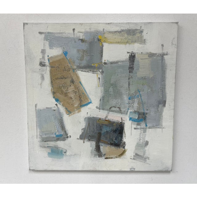 A quiet yet engaging original oil painting on canvas with layered tones of gray, taupe, and ivory softened by touches of...