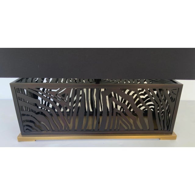 Original Retail $5000, Jean Louis Denoit for Baker Bronze and Brass Finished Agate Table Lamp, black fabric shade,...