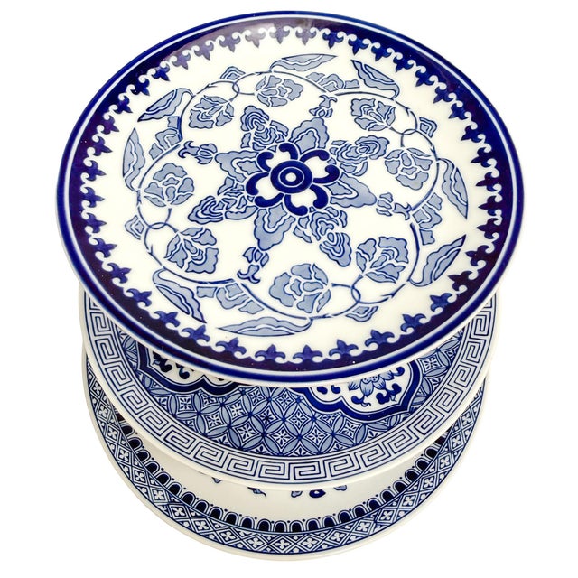 Ceramic 1990s Large Chinoiserie Blue & White 3-Tier Porcelain Serving Stand by Bombay For Sale - Image 7 of 11