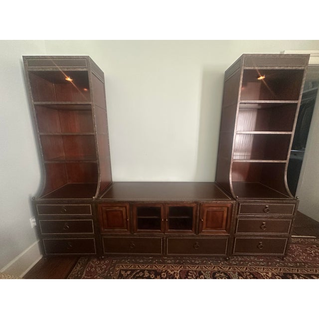 1990s Mahogany 3 Piece Wall Unit Lighted Curious and Storage. Leather Tops. For Sale - Image 5 of 12