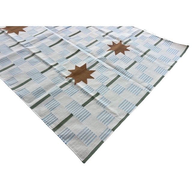 Not Yet Made - Made To Order Handmade Cotton Vegetable Dyed Area Rug, White, Sky Blue, Sage Green Star Dash Striped Dhurrie-5'x8' For Sale - Image 5 of 13