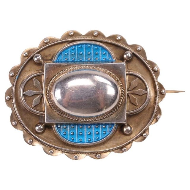 Blue Antique Arts & Crafts Silver and Turquoise Blue Enamel Scalloped Brooch, 1880 For Sale - Image 8 of 8