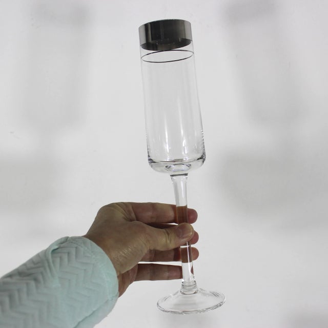 Mid-Century Modern Silver Rim Champagne Flutes Glasses- Set of 4 For Sale - Image 9 of 12