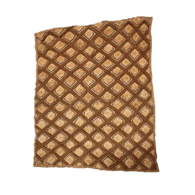 This superb vintage Kuba Kasai Velvet Boutallah raffia textile from Zaire, Africa, showcases a geometric pattern...