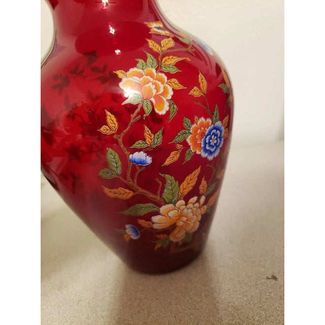 1990s Vintage Norleans Ruby Red W/ Butterflies & Flowers 10" Vase For Sale - Image 5 of 6