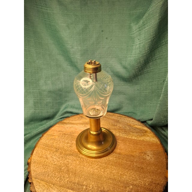 Rare 1840s Whale Oil Lamp Etched Glass Font Original Double Burner Iron Base For Sale - Image 14 of 18