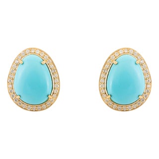 14k Gold 4.38 Ct Prong Set Turquoise Cabochon Diamond Halo Stud Earrings- A Pair For Sale