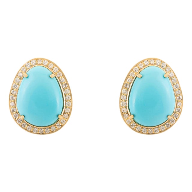14k Gold 4.38 Ct Prong Set Turquoise Cabochon Diamond Halo Stud Earrings- A Pair For Sale