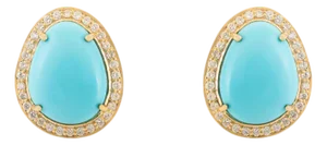 14k Gold 4.38 Ct Prong Set Turquoise Cabochon Diamond Halo Stud Earrings- A Pair