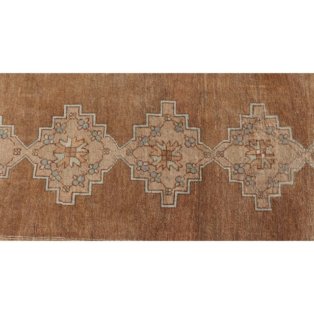 Antique Turkish Kars Runner With Faded Taupe and Pale Aqua Geometric Medallions For Sale - Image 4 of 9