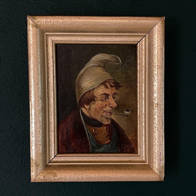 G. Schill, Portrait of Man in a Nightcap with a Pipe, 1930s, Oil on Canvas, Framed For Sale - Image 4 of 14