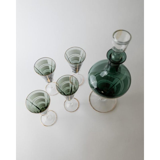 Metal Vintage Italian Blue Murano Glass Liqueur Decanter Glasses with Hand Painted Gilt Details, 1950s, Set of 5 For Sale - Image 7 of 15