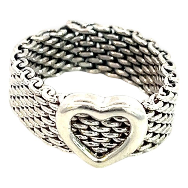 1990s Tiffany & Co Estate Somerset Heart Ring Size 5.5 Sterling Silver 6.5 mm For Sale