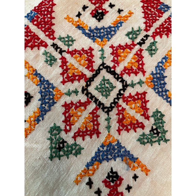 Farmhouse Vintage Hand Embroidered Linen Tablecloth-a Geometric Folk Inspired Cross Stitch Design For Sale - Image 3 of 4