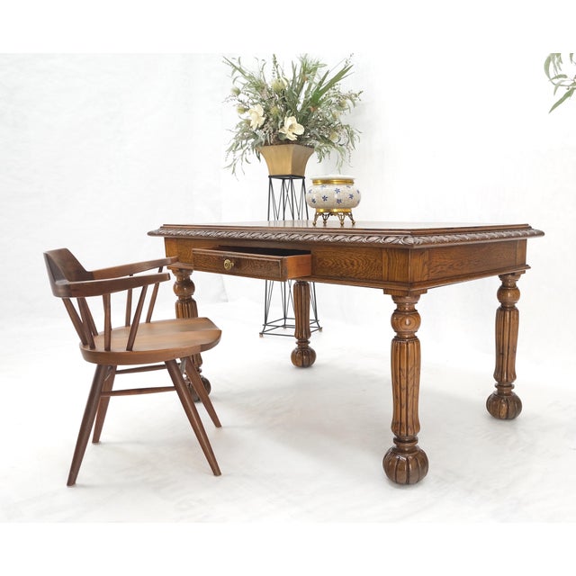 Heavy Fluted Carved Oak Legs 1 Drawer Arts & Crafts Desk Writing Table Clean! For Sale - Image 11 of 17