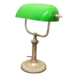 Brass and Green Glass Library Desk Lamp, 1970s For Sale