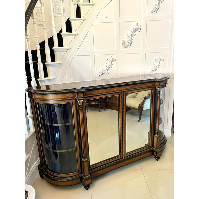 Superb quality large antique victorian burr walnut and amboyna inlaid credenza having a superb quality burr walnut top...
