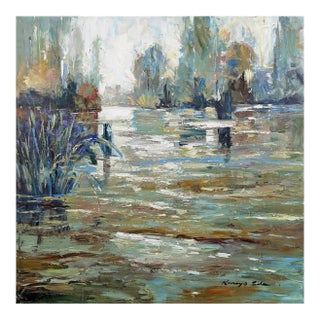 Sage Green Swamp Scenery Landscape Painting on Canvas. For Sale
