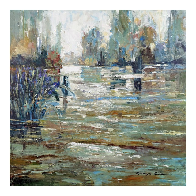 Sage Green Swamp Scenery Landscape Painting on Canvas. For Sale