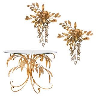 Gilt Metal Palm Tree Wall Sconces and Side Table by Hans Kögl, 1960s, Set of 3 For Sale