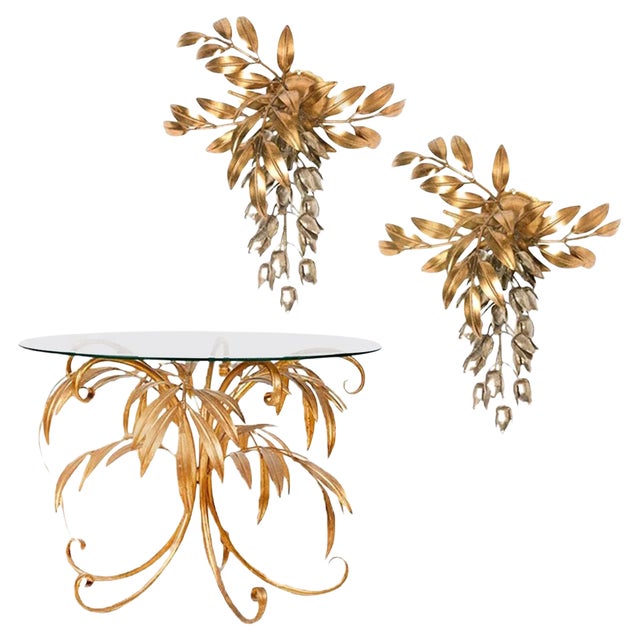 Gilt Metal Palm Tree Wall Sconces and Side Table by Hans Kögl, 1960s, Set of 3 For Sale
