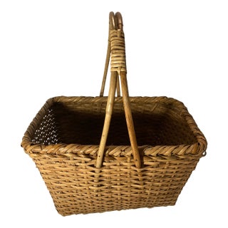 Vintage American Made Basket. Handwoven Large Natural Market Basket With a Classic Rectangular Shape and Arched Handles. Rustic and Elegant For Sale