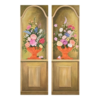 Pair of Monumental Hand-Painted Floral Trompe L’Oeil Architectural Panels, 1980s–90s For Sale