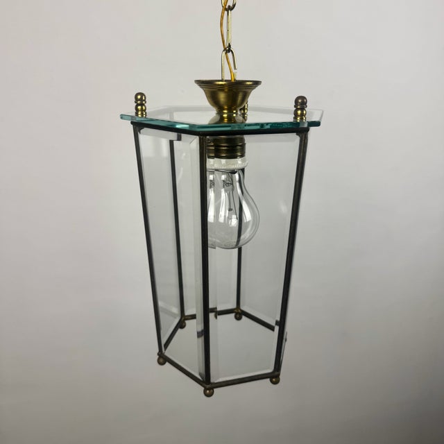 Gold Mid-Century Brass and Beveled Glass Lantern Pendant Light in the style of Adolf Loos, Italy, 1970s For Sale - Image 8 of 9