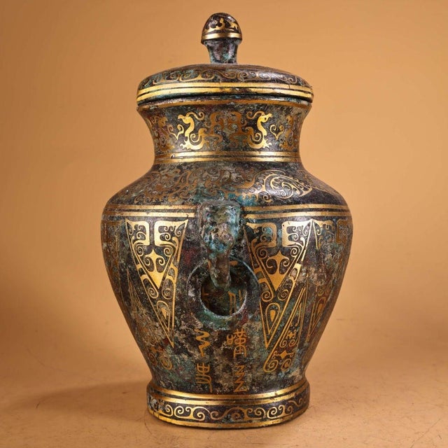 Art Deco Bronze Lidded Jar With Gold Inlay - Archaic Style Vessel For Sale - Image 3 of 10