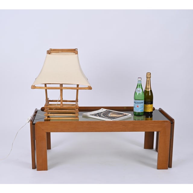 Rattan, Wicker and White Fabric Table Lamp by Louis Sognot, France 1960s For Sale - Image 4 of 16