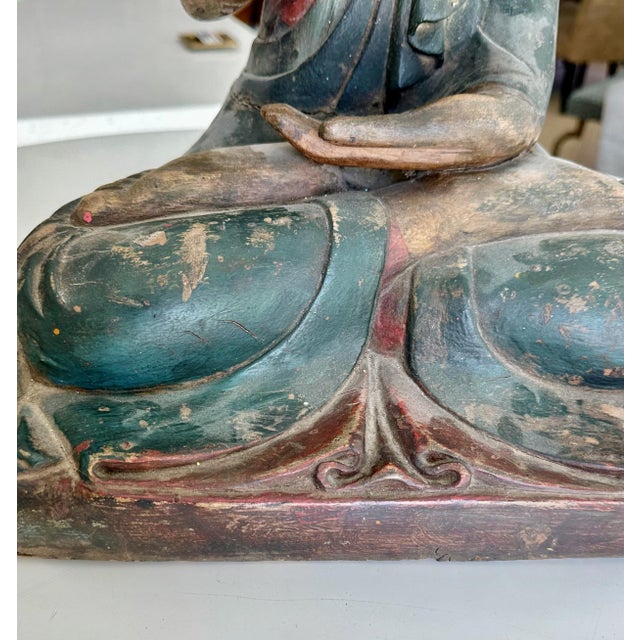 Antique Burmese Buddhist Monk Polychrome Wood Carving Statue For Sale - Image 11 of 18